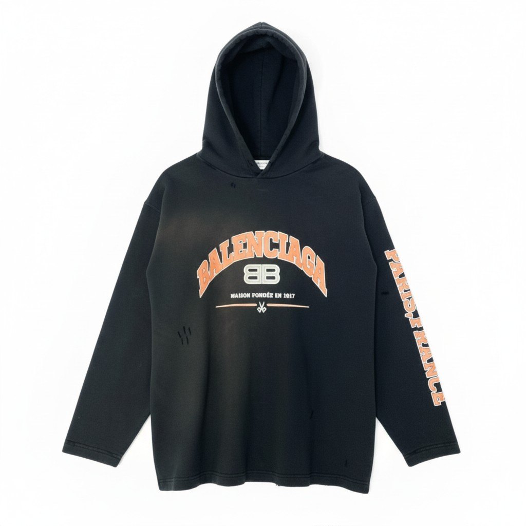 75c4 BALENCIAGA バレンシアガ プルオーバーフーディー パーカー BBロゴ スウェット ダメージ加工 Sサイズ ブラック コットン100％ ユニセックス メンズ レディースo07t