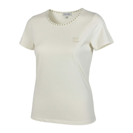 Ic2 CELINE セリーヌ トリオンフネック ロゴ 半袖Tシャツ カットソー M アイボリー コットン レディースu02t