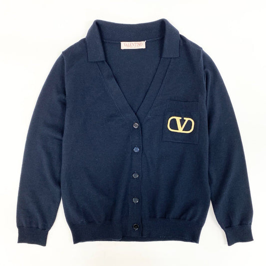 55h28 《美品》VALENTINO ヴァレンティノ ロゴ Vネックカーディガン ニットカーディガン 24AW 5B3KA08C8NY XSサイズ ネイビー レディース 女性用k02i