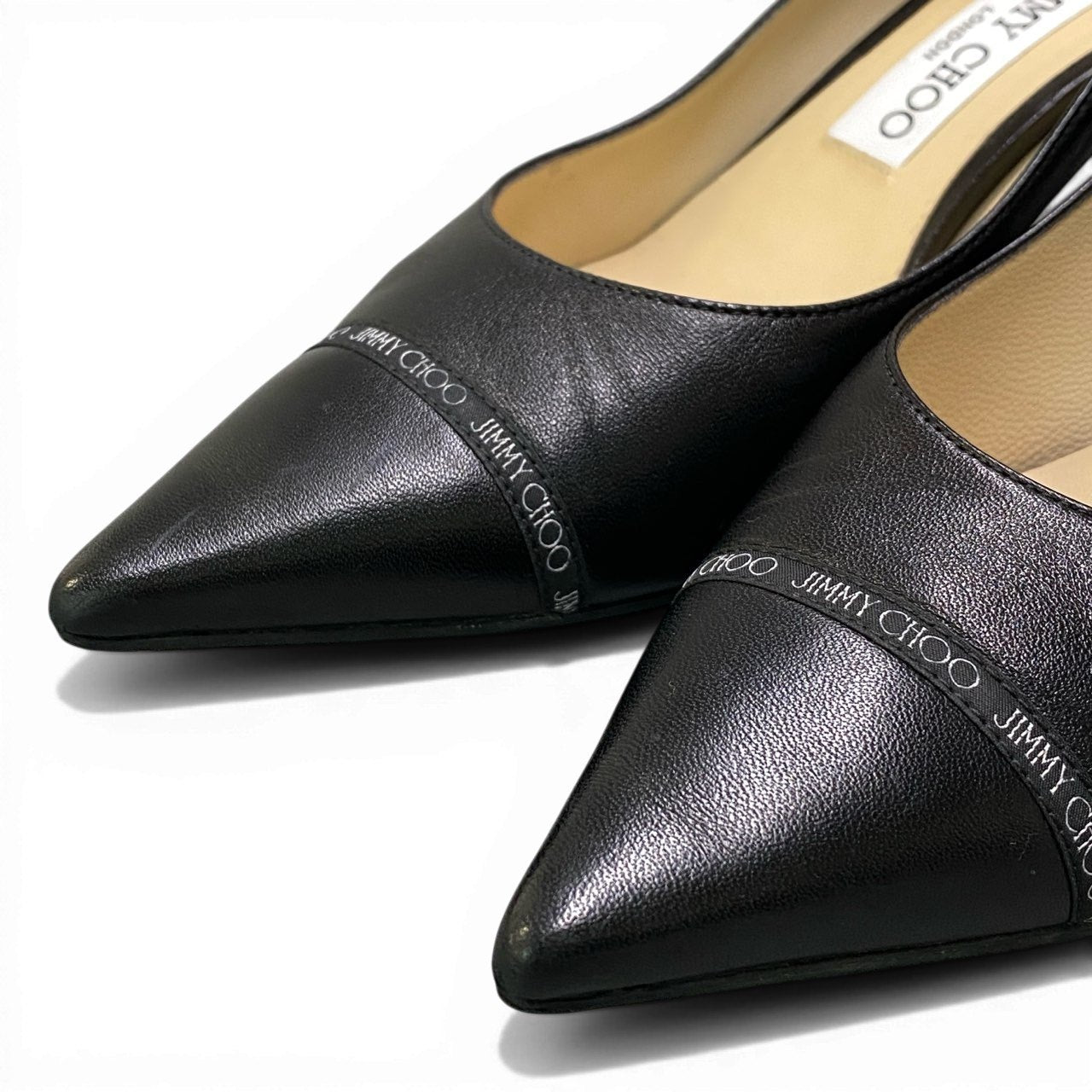 2c24 JIMMY CHOO ジミーチュウ ロゴテープ ポインテッドトゥ パンプス シューズ 37.5 ブラック レザー イタリア製u02t