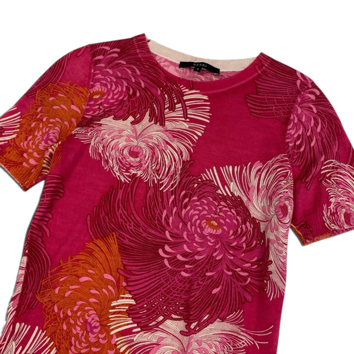 67j6 【極美品】GUCCI グッチ 半袖ニットカットソー シルクニットセーター 花柄  イタリア製 Sサイズ ピンク レディース 女性用u02t