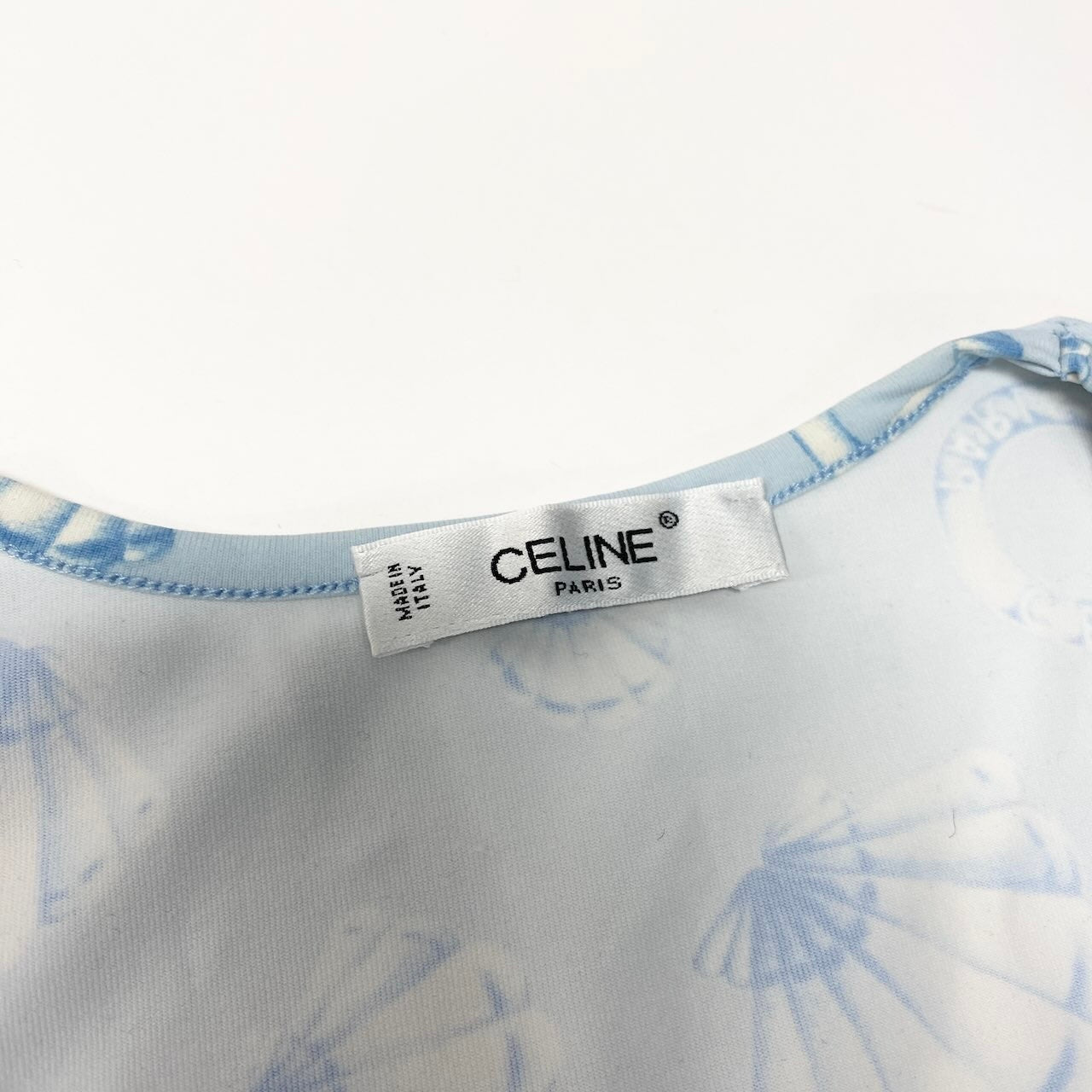 Ic30  CELINE セリーヌ マリン柄 半袖Tシャツ クルーネック カットソー 総柄 伸縮ストレッチ レディース 女性服 ライトブルーu02t