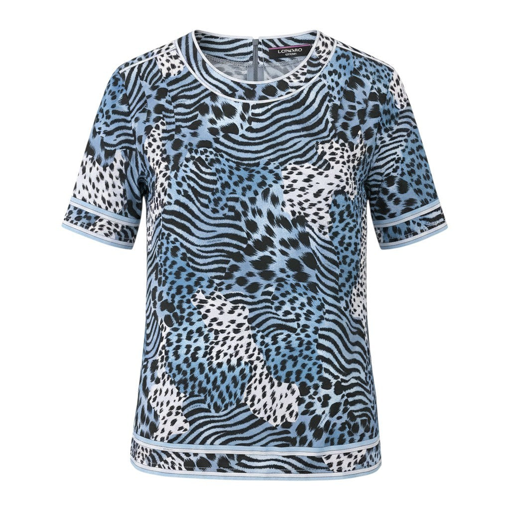 55h9 【美品】 LEONARD FASHION レオナール アニマル柄プリント カットソー 半袖Tシャツ 40 ブルー系 コットン100％ レディースu02t