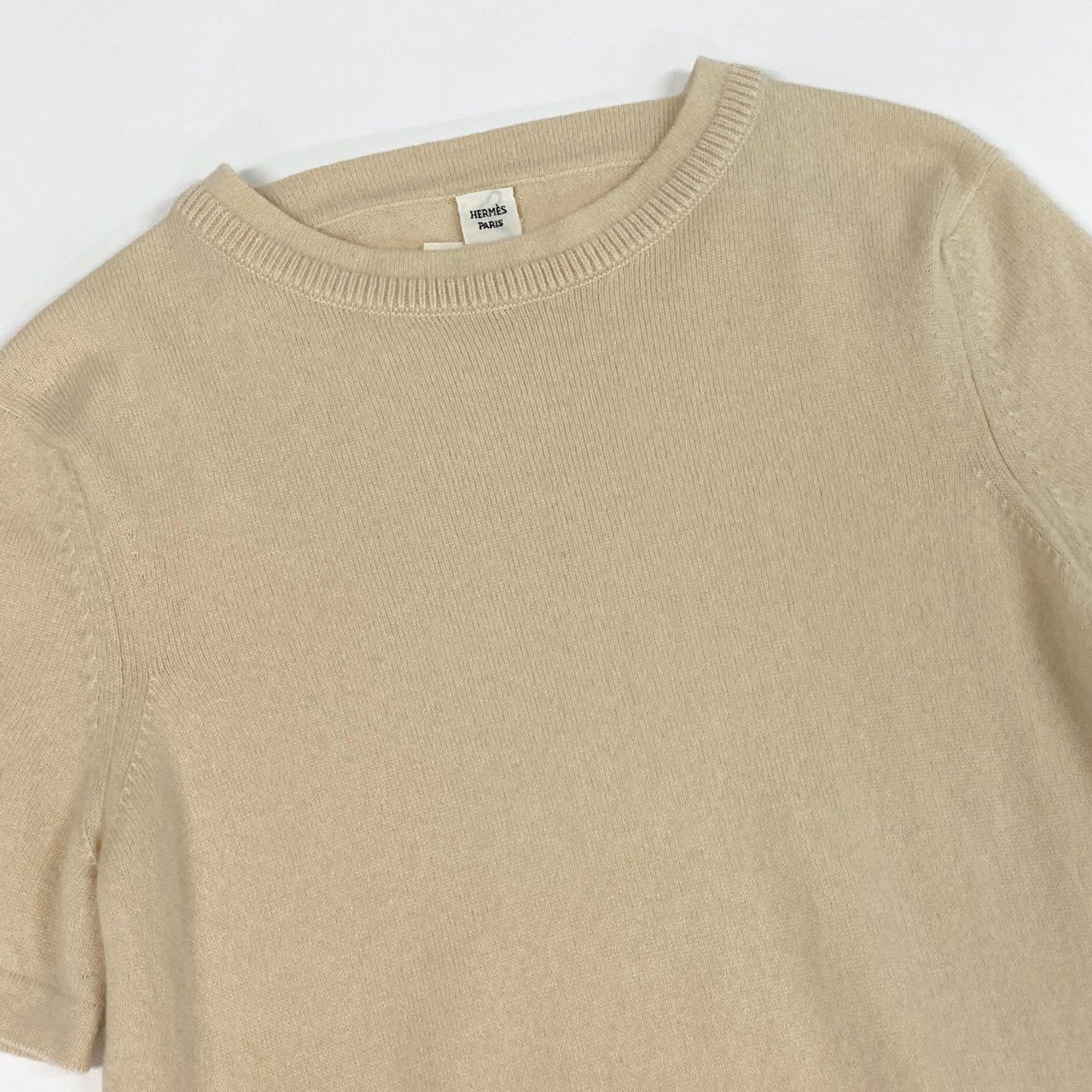 33a26 HERMES エルメス 半袖ニットセーター カシミヤニット トップス 34サイズ クリームベージュ カシミヤ100％ カシミア レディース 女性用o07t