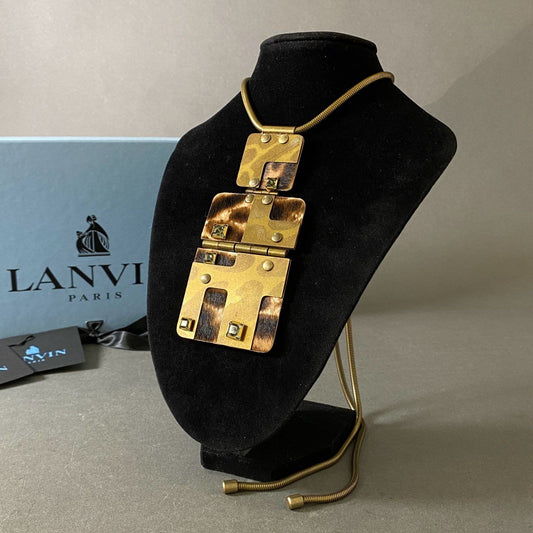 4g19 LANVIN ランバン フランス製 メタルプレート ループタイ ネックレス ビジュー ハラコ ゴールド 箱付属