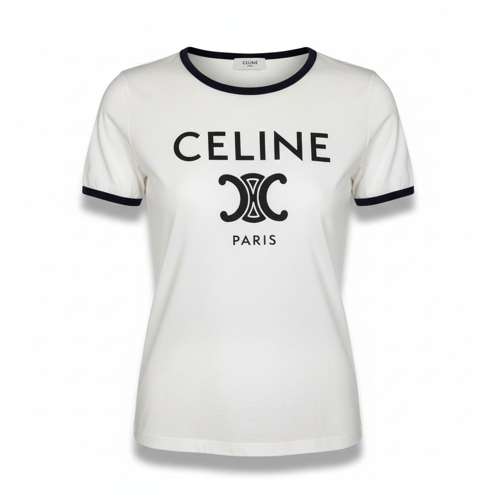 Ic2 CELINE セリーヌ トリオンフロゴ クルーネック 半袖Tシャツ カットソー 2X872671Q L ホワイト コットン レディースu02t