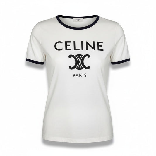 Ic2 CELINE セリーヌ トリオンフロゴ クルーネック 半袖Tシャツ カットソー 2X872671Q L ホワイト コットン レディースu02t