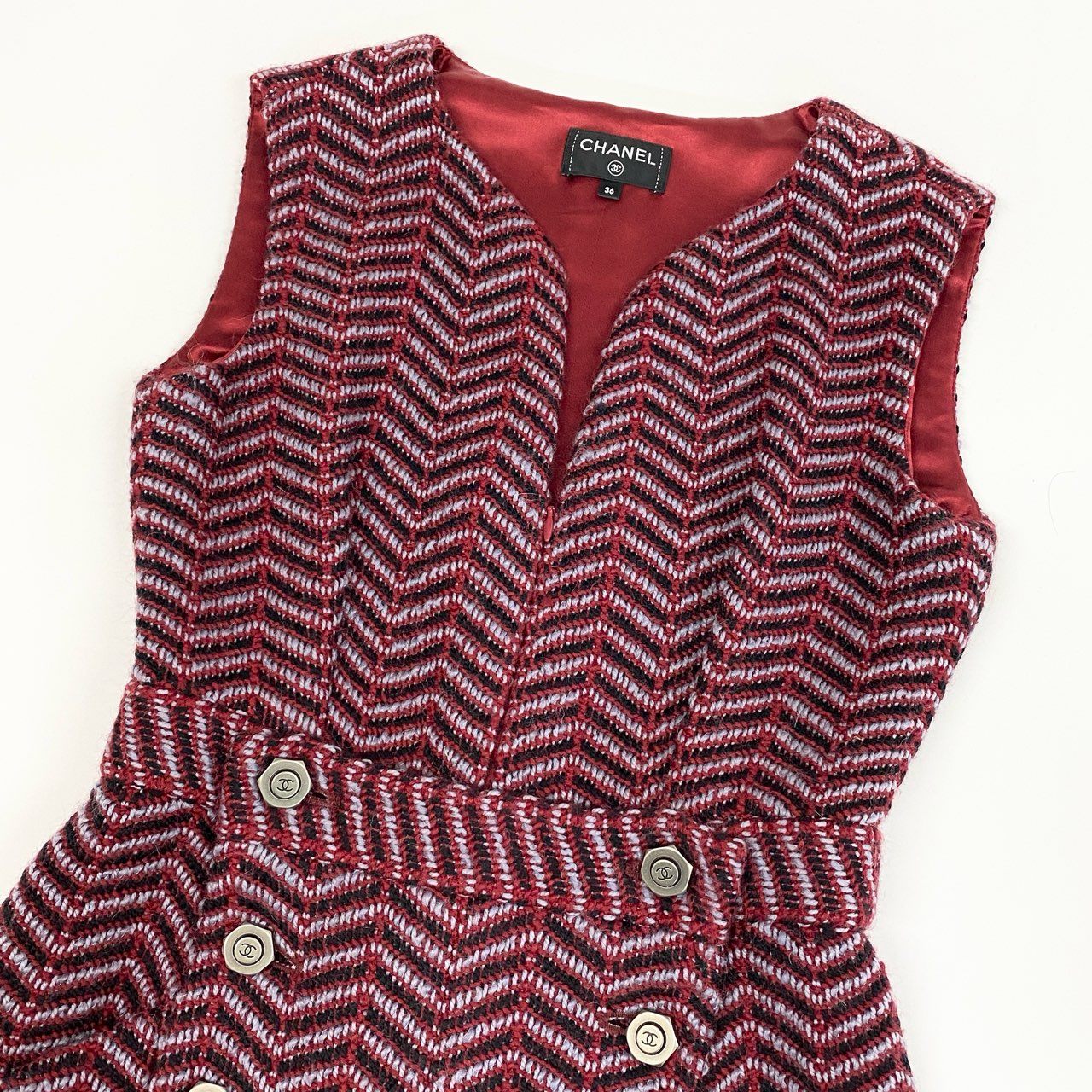 56a14 CHANEL シャネル P59404 2018 ココマークボタン ツイード ショートサロペット オールインワン トップス サイズ36 ボルドー系 レディースta1