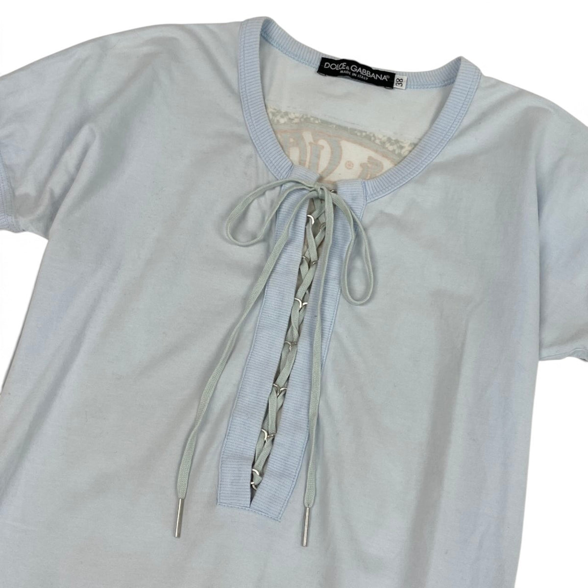 i21 DOLCE＆GABBANA 00's レースアップTシャツ プリントデザイン トップス 38サイズ ライトブルー レディース 女性用u02t
