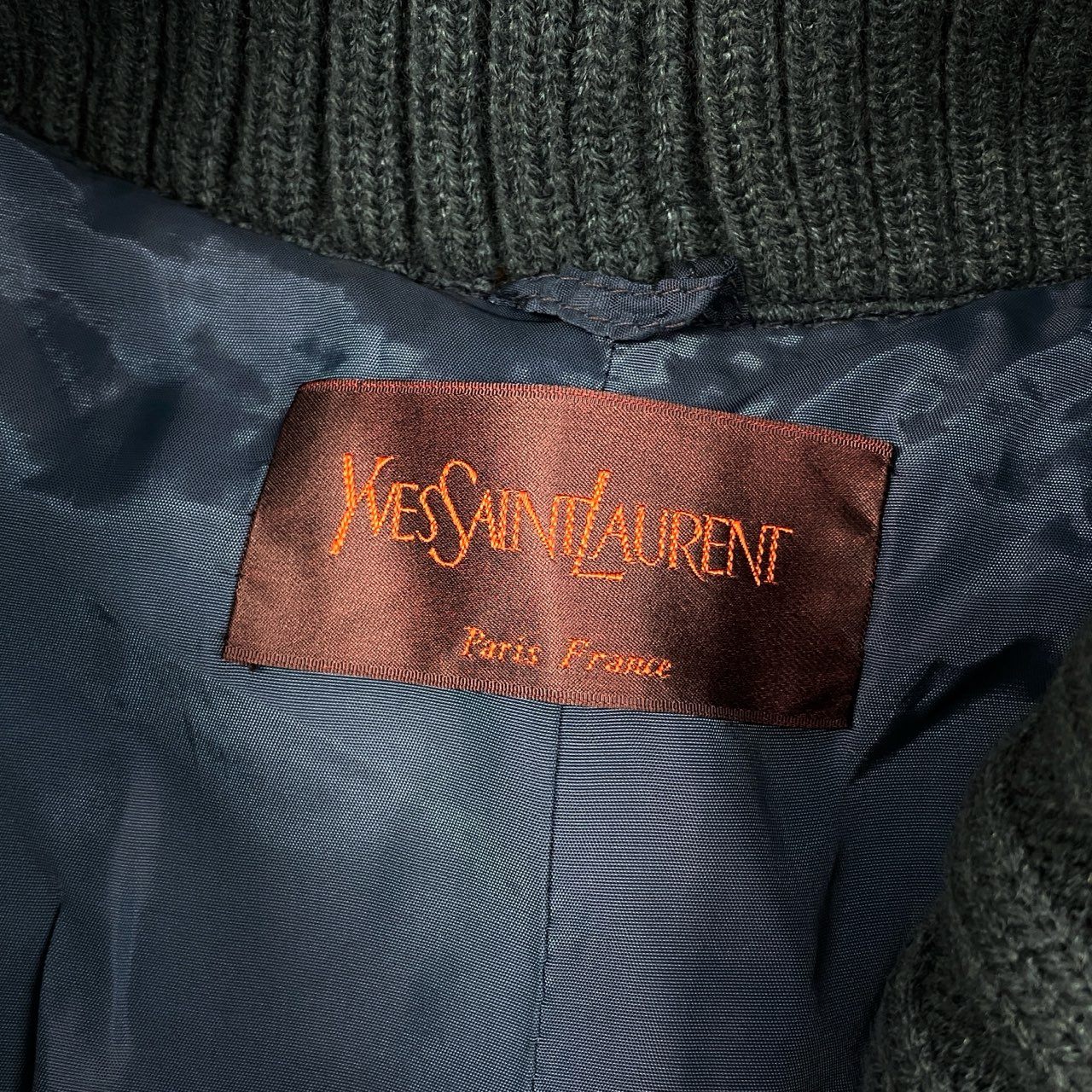 60L16 Vintage YVES SAINT LAURENT イヴサンローラン ヴィンテージ レザーコート ベルテッドコート ロング丈 ニット切替 L ブルー系 表記タグ欠損 レディースu02t