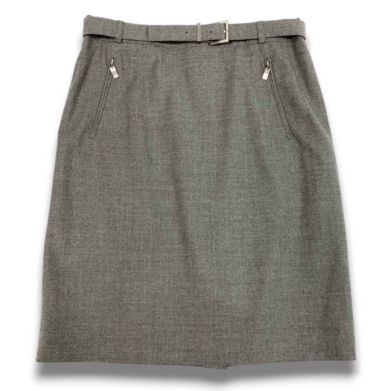 28b20 Vintage CELINE セリーヌ ロゴベルト付き タイトスカート 膝丈 46 グレー フランス製 大きいサイズu02t