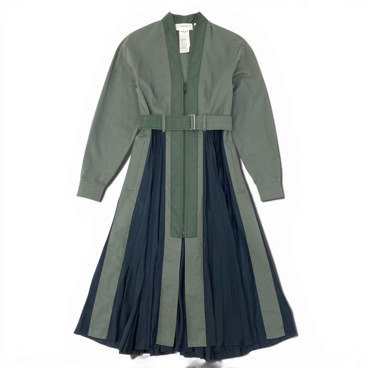 60c6【美品】SPORTMAX スポーツマックス プリーツベルトドレス ワンピース レイヤードワンピース 36サイズ カーキ ネイビー レディース 女性用u02t