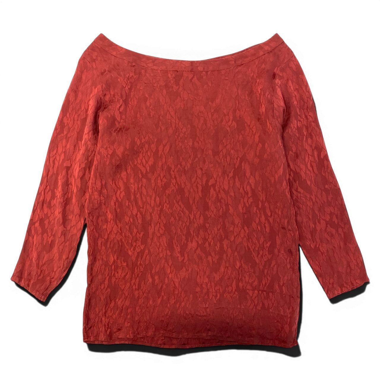 11d27 SAINT LAURENT rive gauche サンローラン リヴゴーシュ ボートネック ブラウス 七分袖 総柄カットソー トップス サイズ36 レッド レディース 女性用u02t
