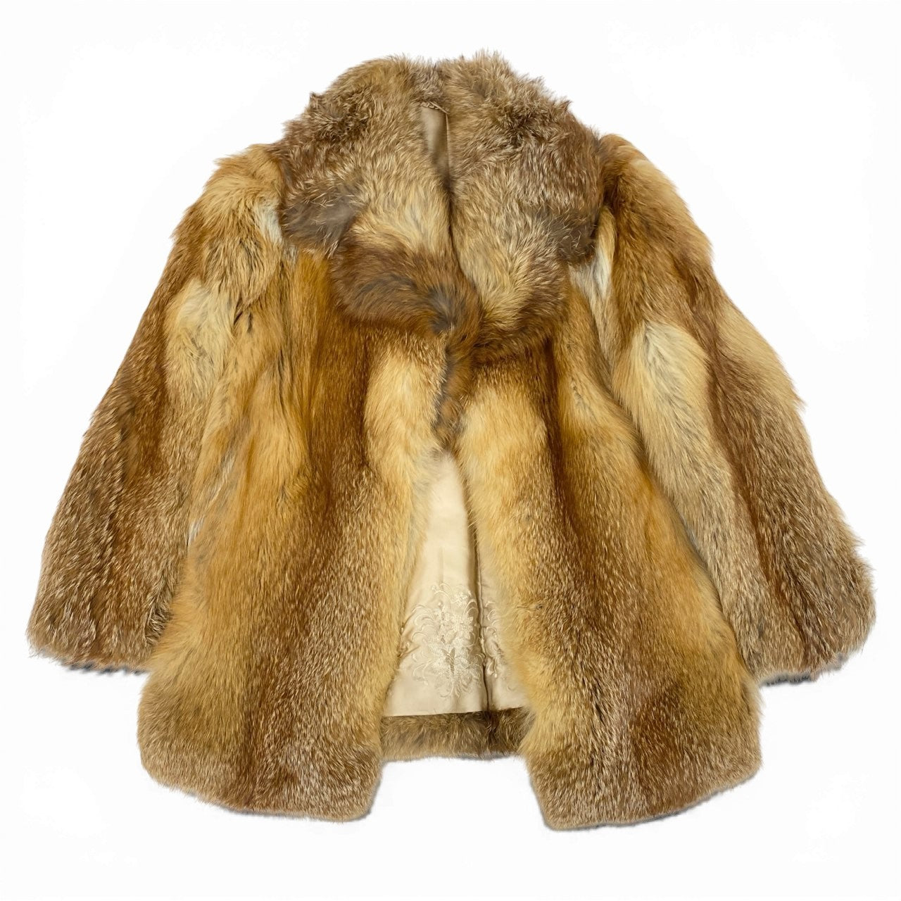 60b3 レッドフォックス ファーコート サイズF 茶系 本毛皮 Red Fox Fur Coat 裏地豪華刺繍t18r