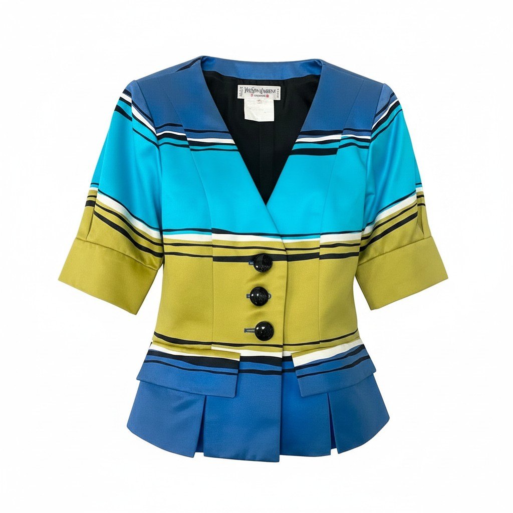 66d27 YVES SAINT LAURENT イヴサンローラン ノーカラージャケット コットンジャケット ボーダー フランス製 サイズ34 マルチカラー 綿100％ レディース 女性用u02t