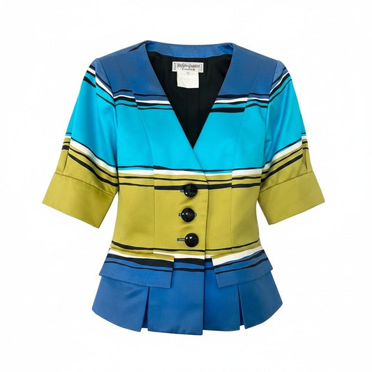 66d27 YVES SAINT LAURENT イヴサンローラン ノーカラージャケット コットンジャケット ボーダー フランス製 サイズ34 マルチカラー 綿100％ レディース 女性用u02t