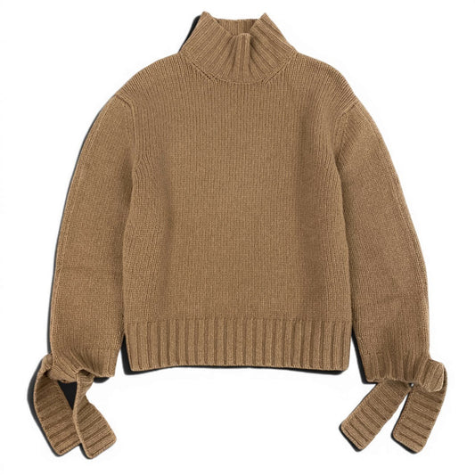 25d15 malo マーロ ハイネック ニットセーター ミドルゲージニット 袖リボン XS ブラウン系 キャメル100％ レディース 女性用u02t