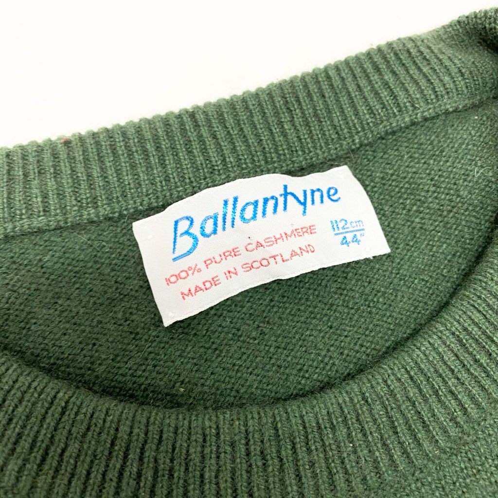 5L22【美品】 BALLANTYNE バランタイン クルーネックセーター ニット スコットランド製 ヴィンテージ 44 グリーン カシミヤ100％ メンズ 男性用k02i