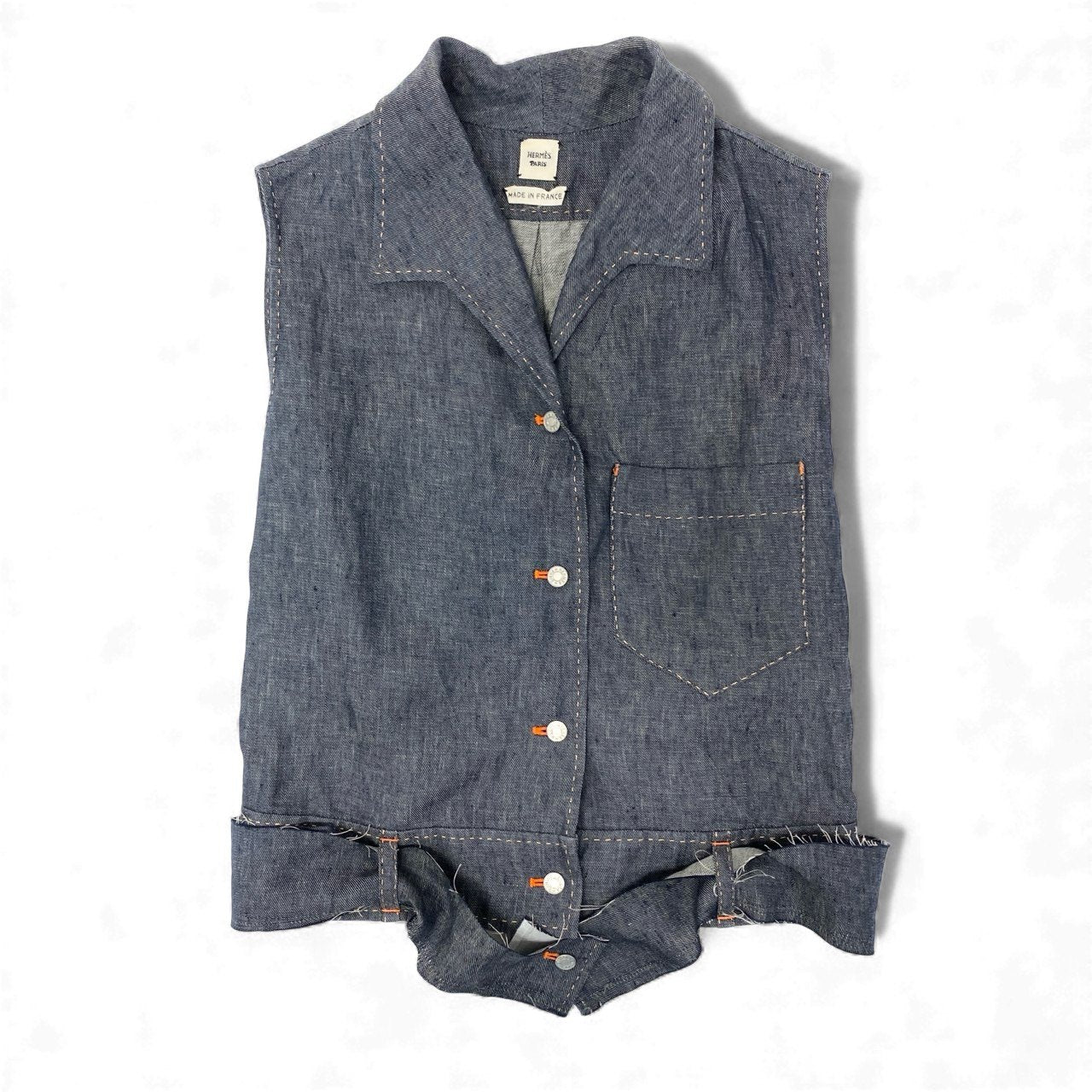 10k11【美品】HERMES PARIS エルメスパリス ノースリーブデニムシャツ デニムベスト リネン100％ ゴルチエ期 フランス製 34サイズ インディゴ レディースu02t
