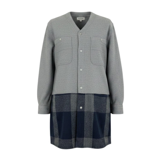 56d27 orSlow オアスロウ ノーカラーシャツ ロングシャツジャケット オーバーサイズ チェック柄切替 コットンウール 日本製 サイズ2 グレー ネイビー メンズ 紳士服u02t