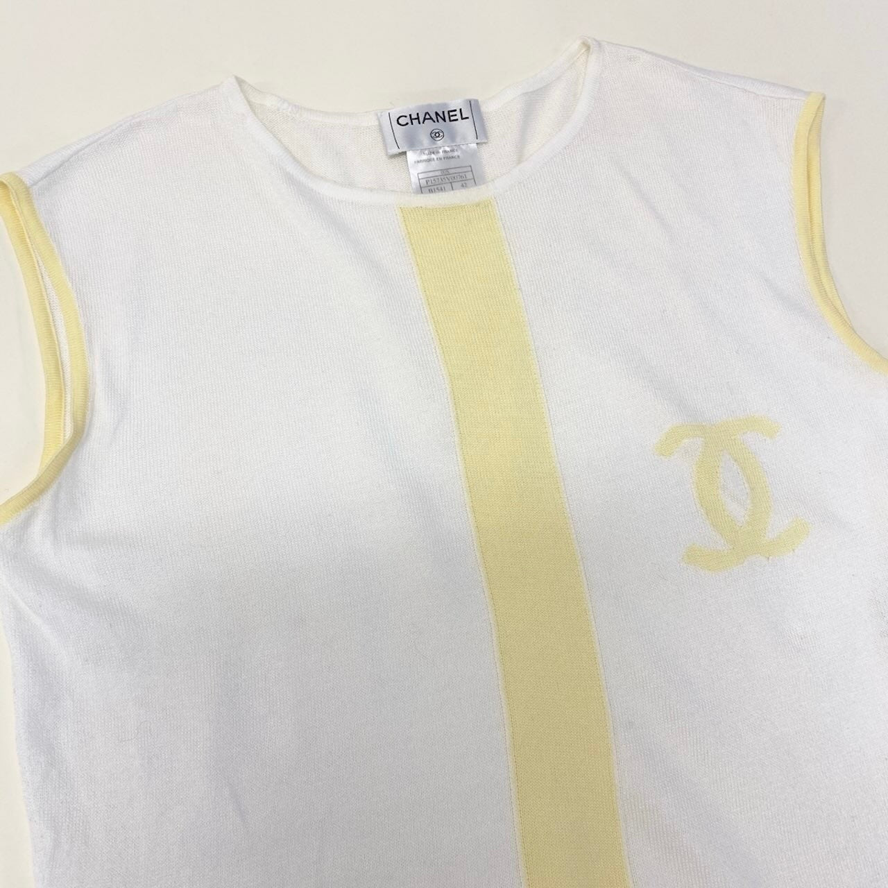 Cf9 CHANEL ノースリーブニット コットンニット ココマーク P15735V00761 42サイズ ホワイト イエロー コットン100％ レディース 女性用u02t