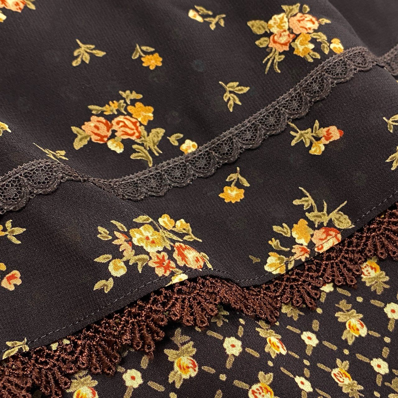 68g10 《美品》 non non dorl ノンノンドール 薔薇プリント フリルドレスワンピース ブラウン 画像参照 ストール付き アンティーク レトロ  レース