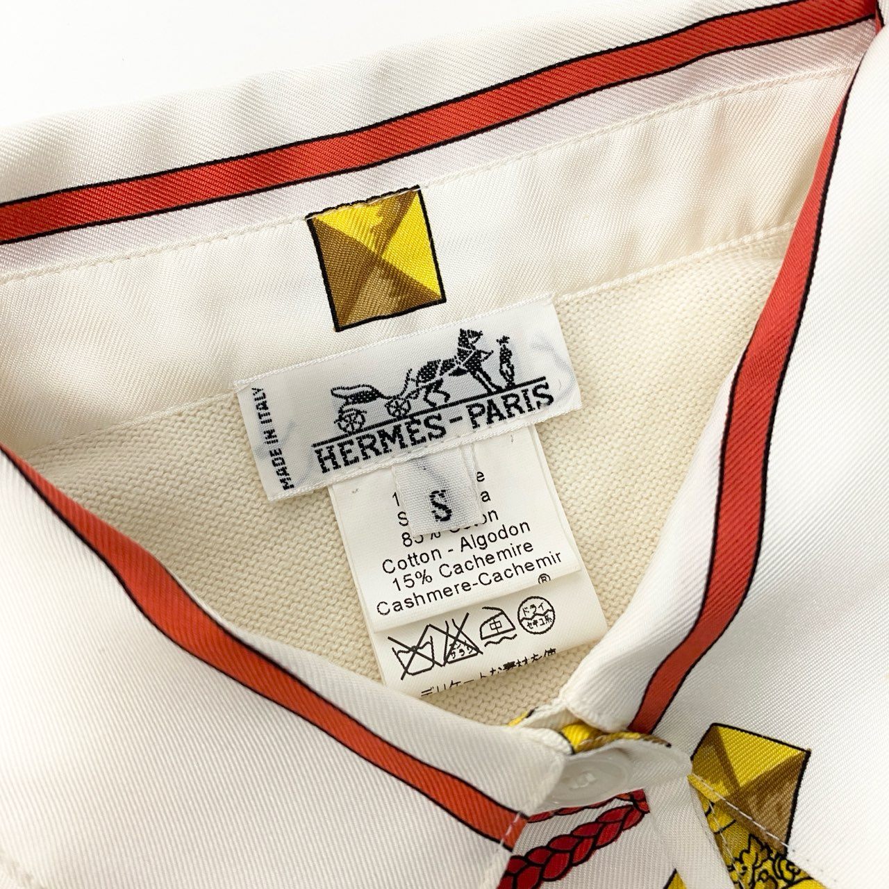 87a29 HERMES エルメス 長袖シャツ 長袖ニットセーター 異素材切替 スカーフ柄 シルク100％ イタリア製 Sサイズ ホワイト レディースo07t