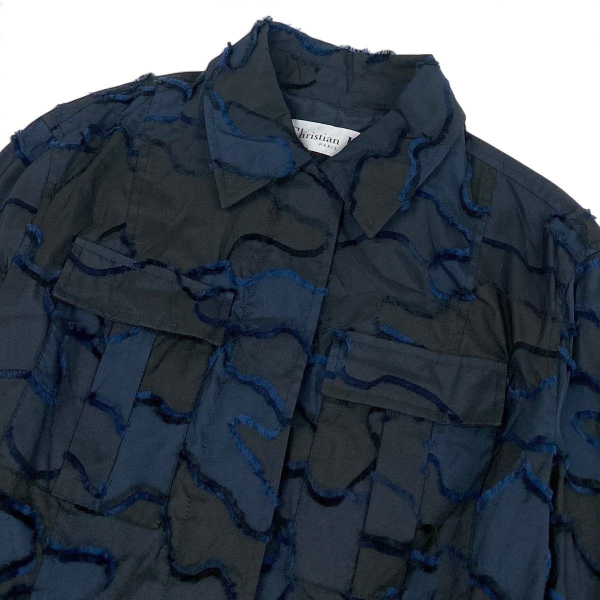 j13 【美品】Christian Dior シャツジャケット カモフラージュ フリンジ 44サイズ ネイビー ポリエステル100％ レディース 女性用k02i