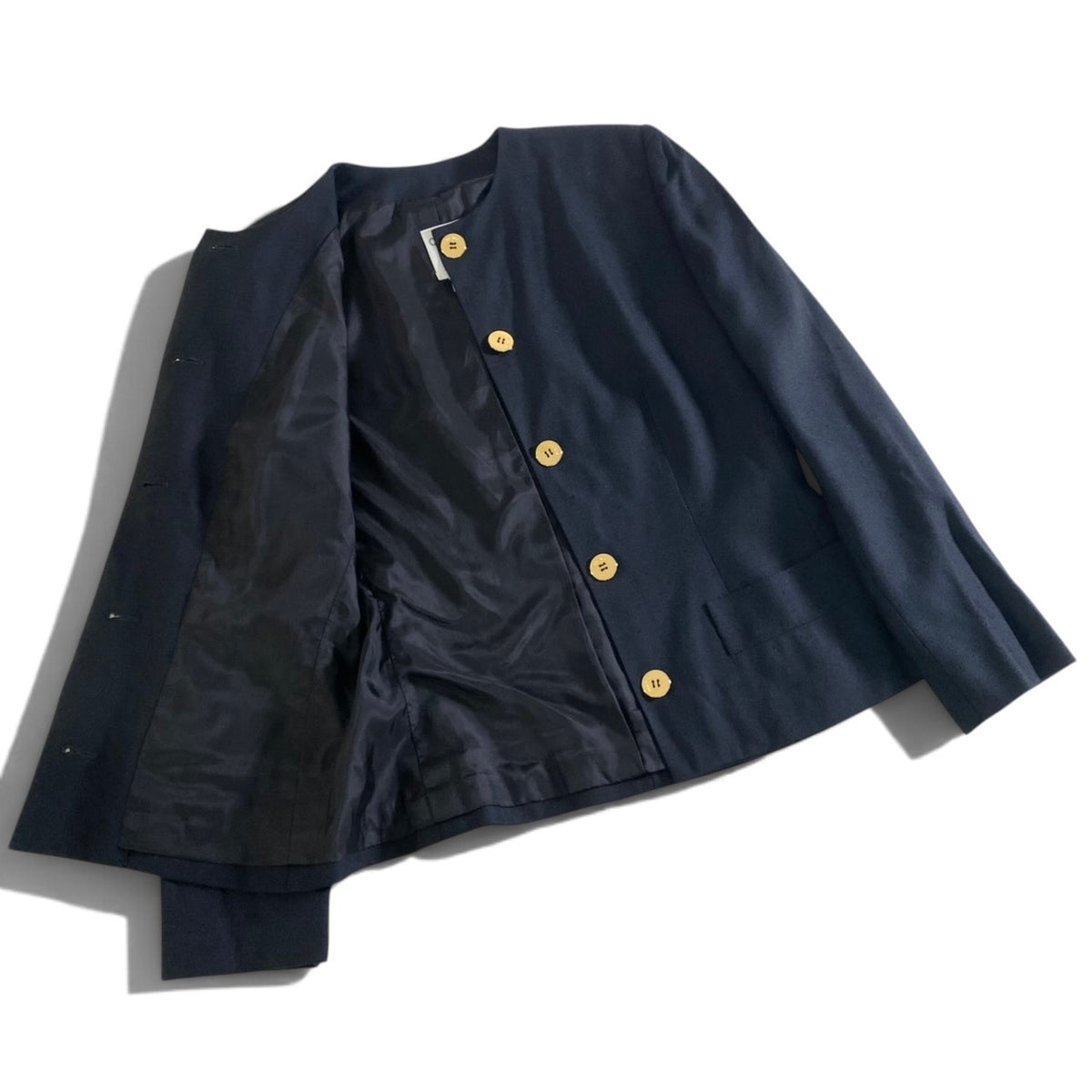 20j26 CELINE セリーヌ フランス製 セットアップスカート ノーカラージャケット 金ボタン サイズ40 ブラック レディースu02t