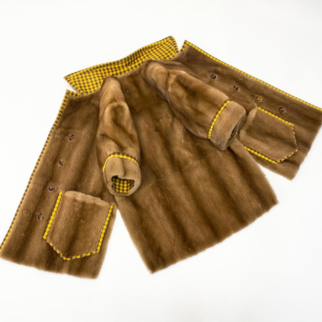 E FENDI フェンディ パステルミンクファー リバーシブル ファーコート ジャケット チェック 36 ブラウン イエローnu1