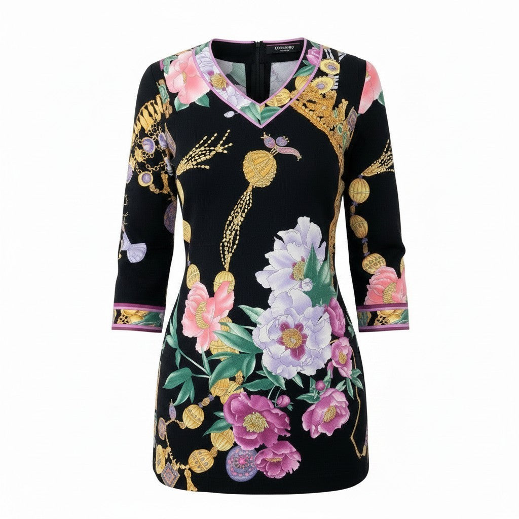 49f27 LEONARD レオナール ロングスリーブカットソー チュニックカットソー カンカン素材 Vネック 花柄プリント 0189521 Lサイズ マルチカラー レディース 女性用u02t