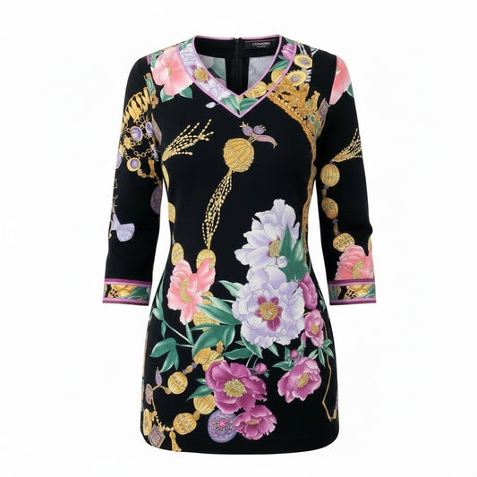 49f27 LEONARD レオナール ロングスリーブカットソー チュニックカットソー カンカン素材 Vネック 花柄プリント 0189521 Lサイズ マルチカラー レディース 女性用u02t