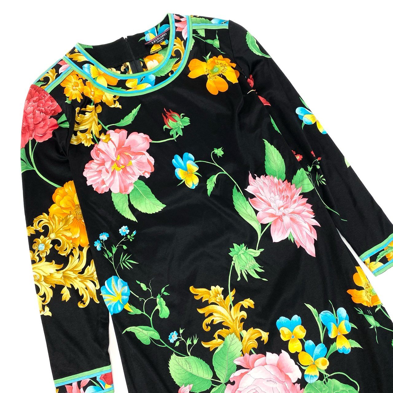 11k28 《美品》 LEONARD レオナール 長袖ワンピース ロングワンピース 美しい花柄プリント L マルチカラー コットン レディースu02t