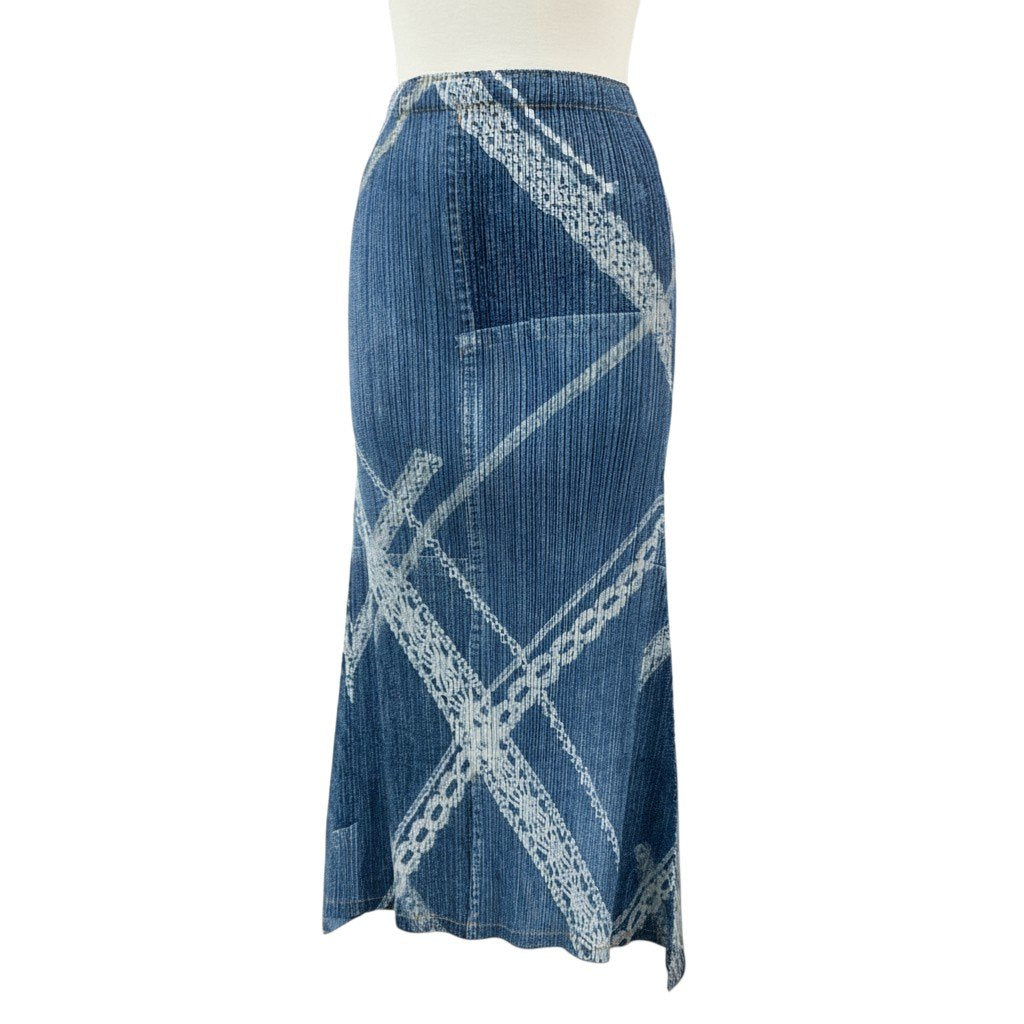 Ab9 【美品】PLEATS PLEASE プリーツプリーズ デニム転写 プリーツスカート ロングフレアスカート  PP61-JG605 2サイズ ブルー系 ポリエステル100％ レディース 女性用k02i