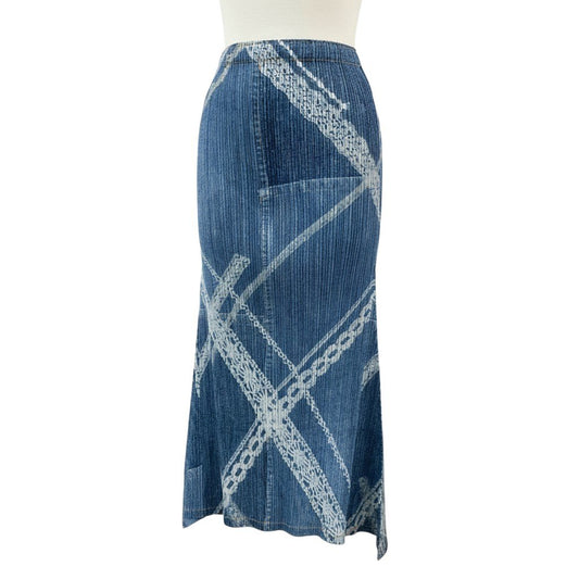 Ab9 【美品】PLEATS PLEASE プリーツプリーズ デニム転写 プリーツスカート ロングフレアスカート  PP61-JG605 2サイズ ブルー系 ポリエステル100％ レディース 女性用k02i