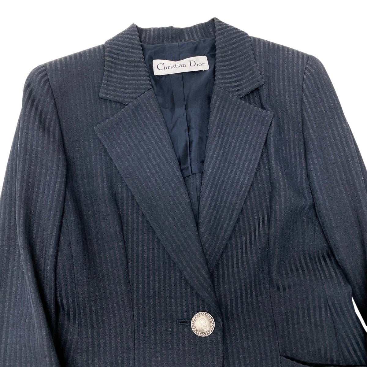 Eh10 Christian Dior クリスチャンディオール テーラードジャケット ロゴボタン ストライプ柄 ネイビー レディースo07t