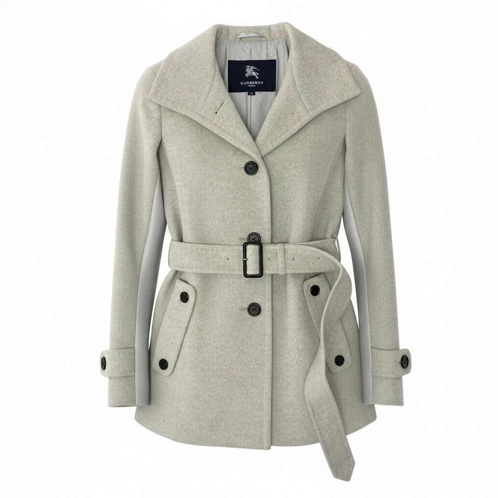 23e7 BURBERRY LONDON バーバリー ステンカラーコート ミドル丈 ウエストベルト付 ウールアンゴラ混 アウター サイズ38 グレー レディース 女性服u02t