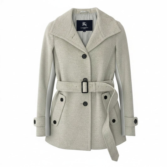 23e7 BURBERRY LONDON バーバリー ステンカラーコート ミドル丈 ウエストベルト付 ウールアンゴラ混 アウター サイズ38 グレー レディース 女性服u02t