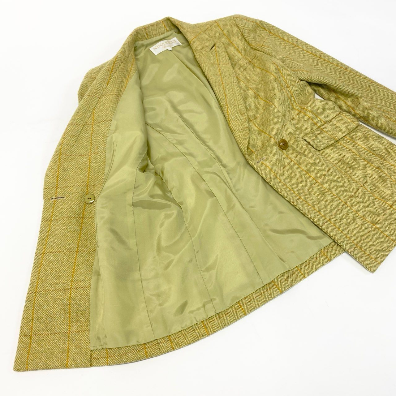 30K18《美品》 NINA RICCI BOUTIQUE ニナリッチ セットアップスカート フォーマル イギリス製生地○ ダブルブレストジャケット 膝丈スカート チェック柄  11 グリーン ラムウールu02t