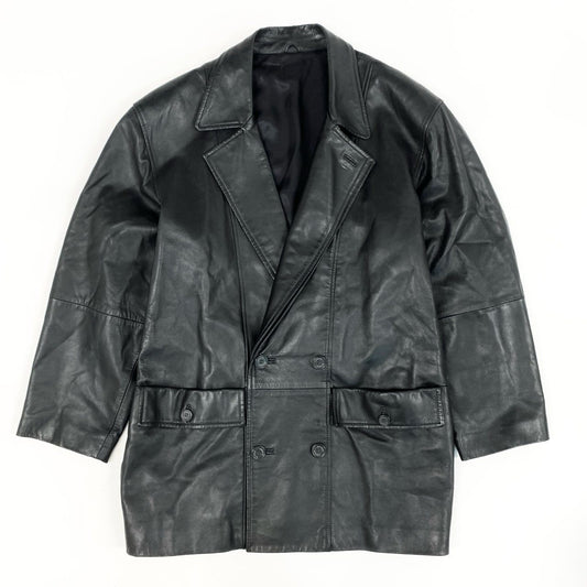 57h28 LANVIN ランバン ダブルプレスト ラムレザージャケット コート  アウター 50 Lサイズ相当 ブラック 羊革 メンズo07t