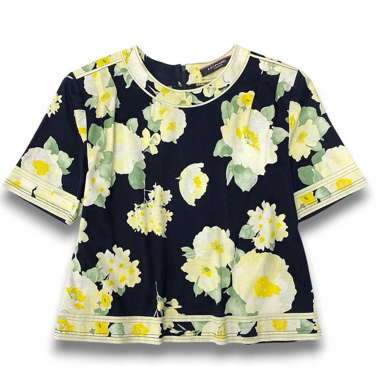 60c6《美品》 LEONARD レオナール 美しい花柄プリント 半袖カットソー Tシャツ トップス 40 ネイビー イエロー コットン レディースu02t