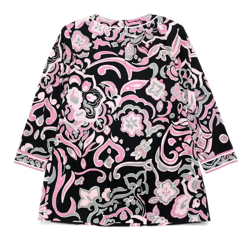 59L15 LEONAD レオナール チュニック ロングスリーブカットソー Vネック カンカン素材 総柄 トップス 40サイズ ブラック ピンク レディースo07t