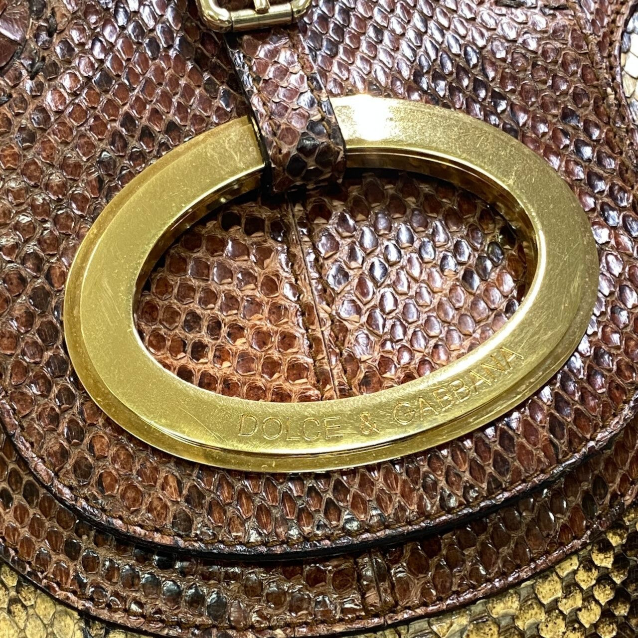 h29 DOLCE＆GABBANA ドルチェアンドガッバーナ リアルパイソン ハンドバッグ ゴールド金具 ブラウン系 パイソンレザーu02t