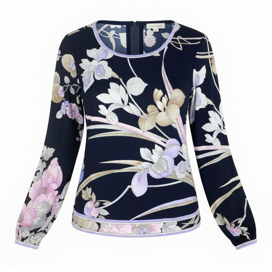6b12 LEONARD レオナール ロングスリーブカットソー カンカン素材 美しい花柄プリント 0179513 Lサイズ ネイビー レディース 女性用u02t