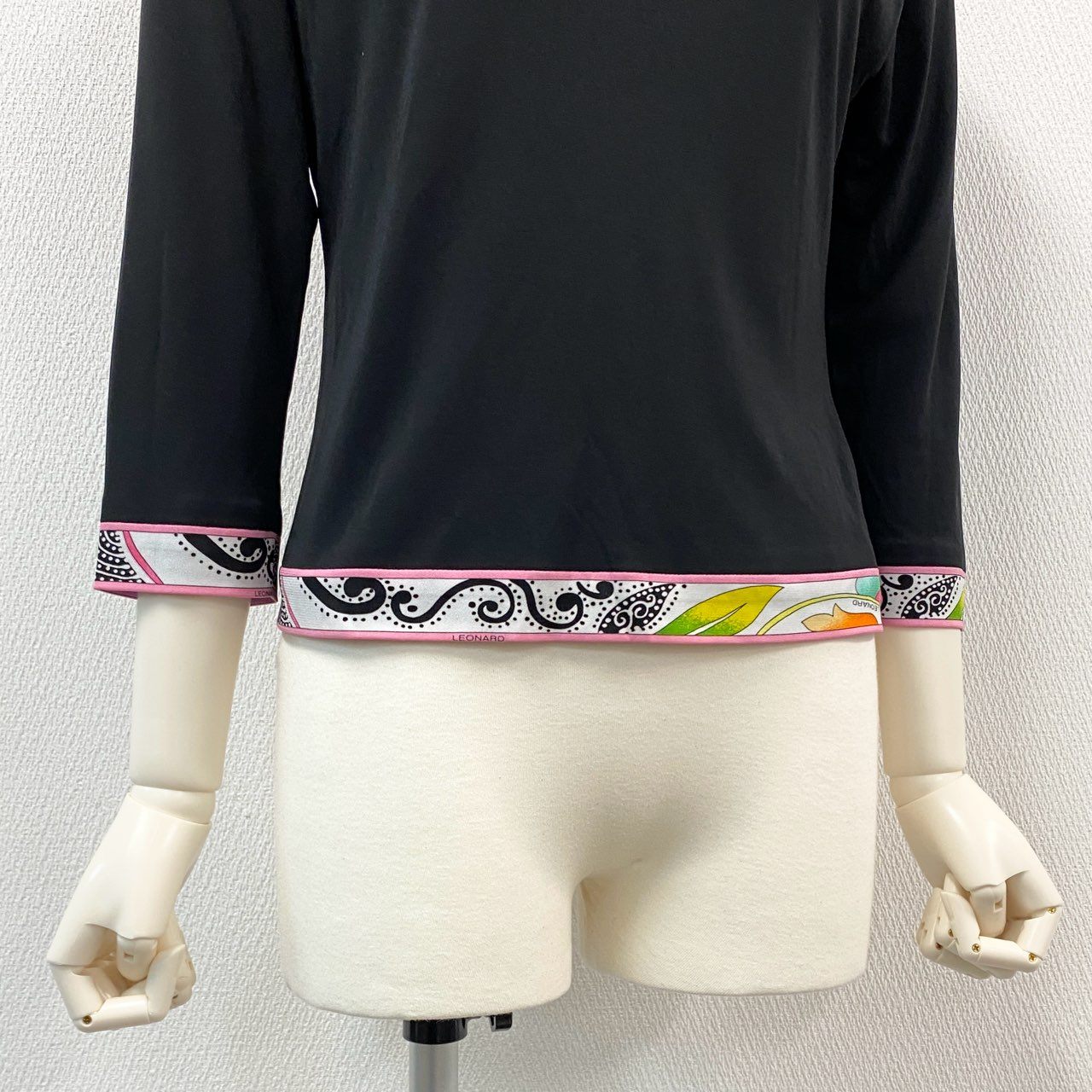 66i18 LEONARD レオナール カンカン素材 ハイネック 長袖カットソー トップス M ブラック レディースu02t