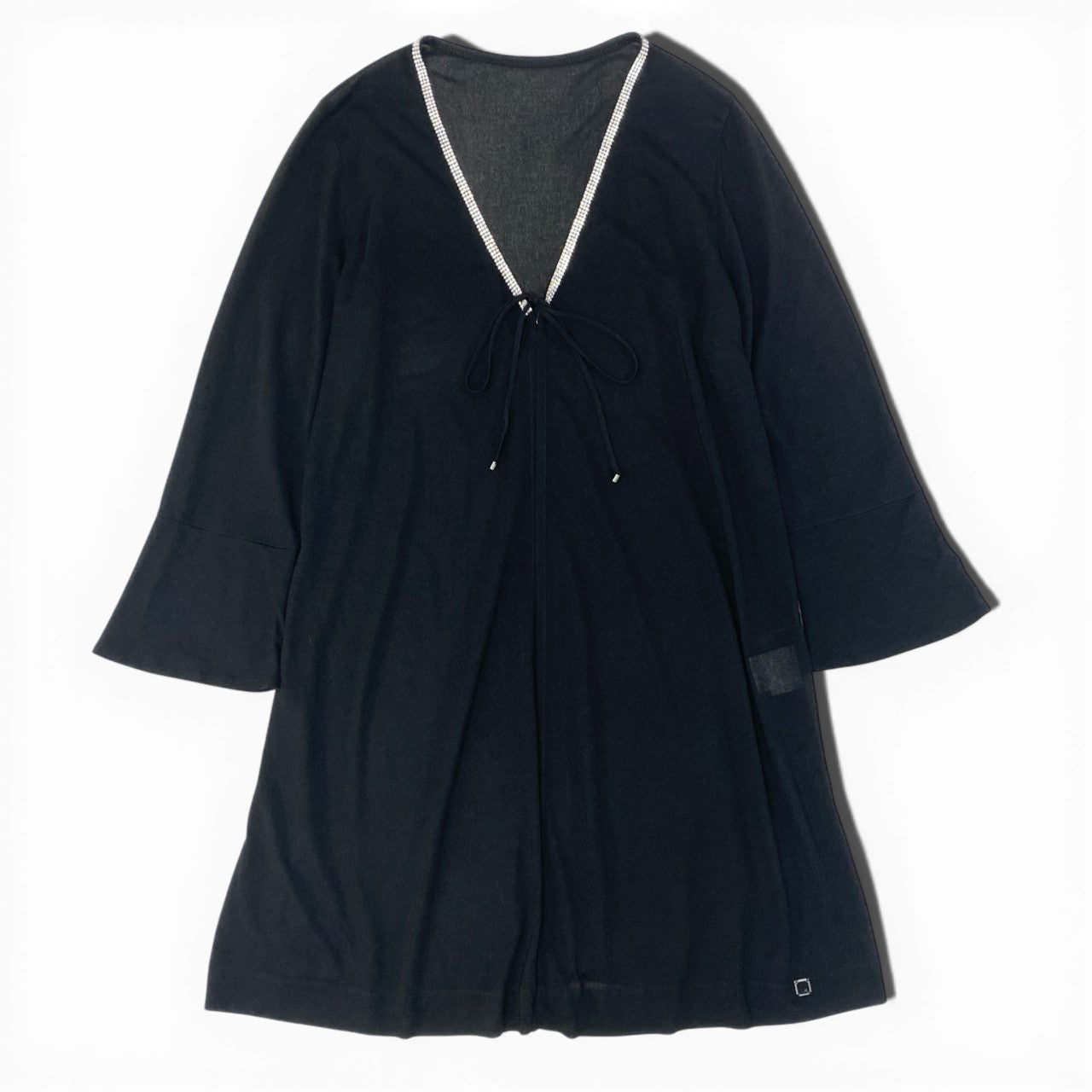 60c6《美品》 LEONARD レオナール カンカン素材 ラインストーン装飾 ロングカーディガン 羽織り トップス LL ブラック レディースu02t