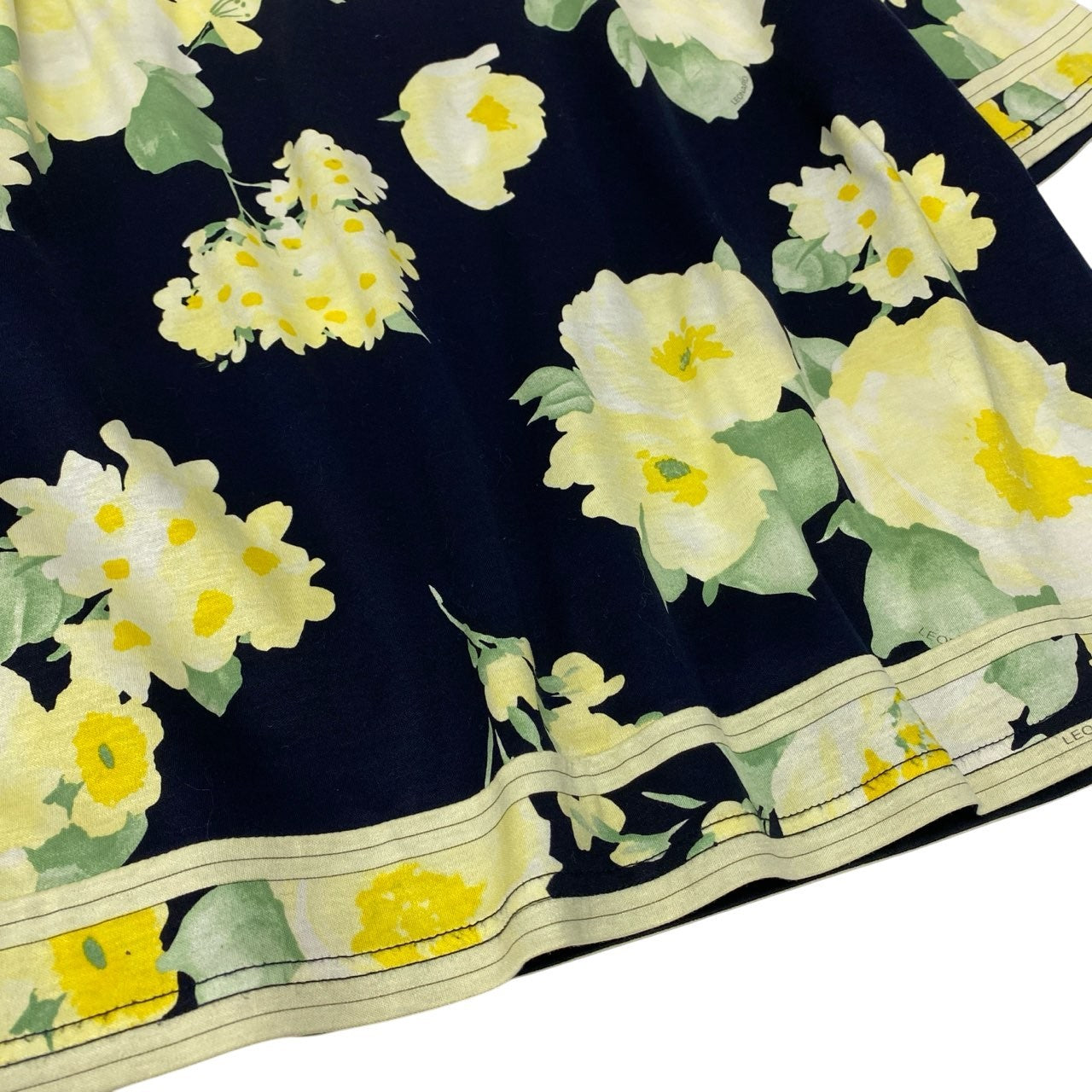 60c6《美品》 LEONARD レオナール 美しい花柄プリント 半袖カットソー Tシャツ トップス 40 ネイビー イエロー コットン レディースu02t