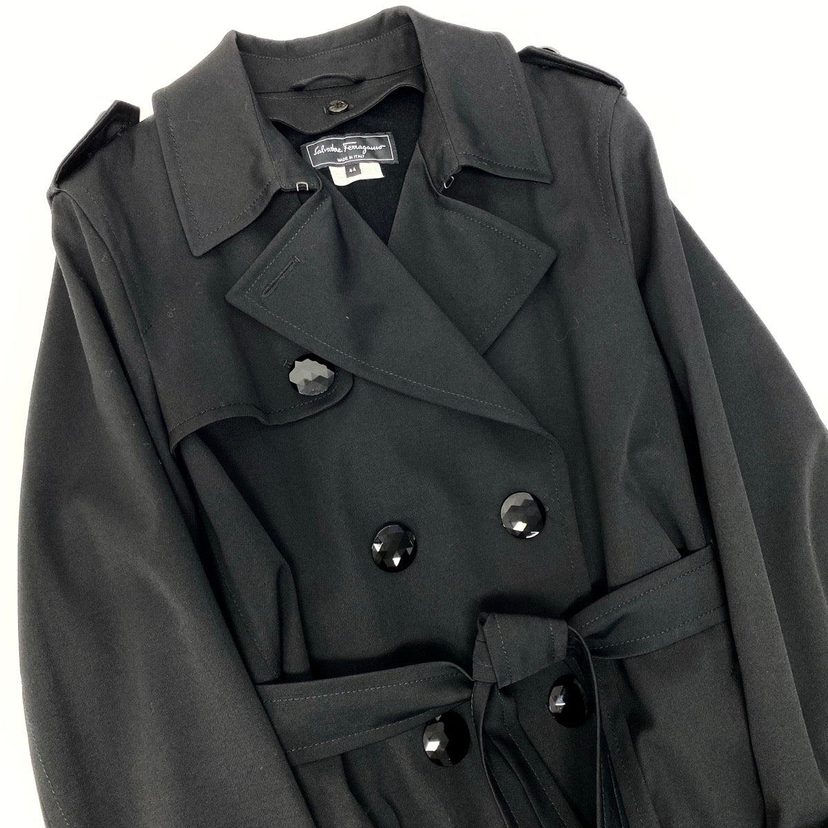 42e13 【美品】Salvatore Ferragamo サルヴァトーレフェラガモ ロングトレンチコート ウールカシミヤコート アウター イタリア製 44サイズ ブラック レディース 女性用u02t
