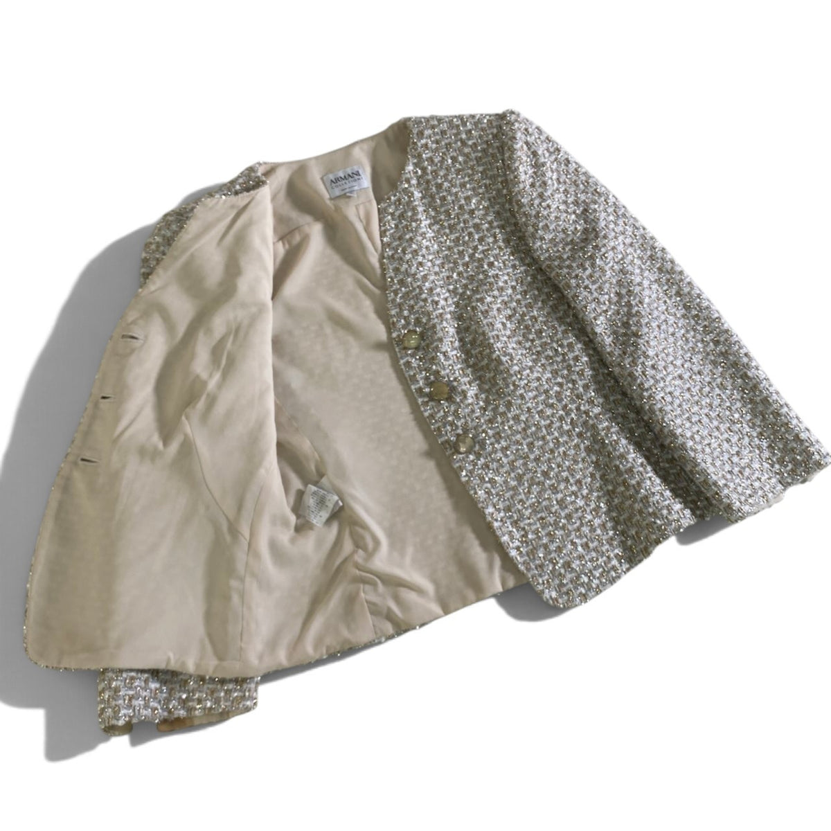 8j26 ARMANI COLLEZIONI アルマーニコレツィオーネ ノーカラージャケット ラメツイード サイズ40 マルチカラー レディースu02t