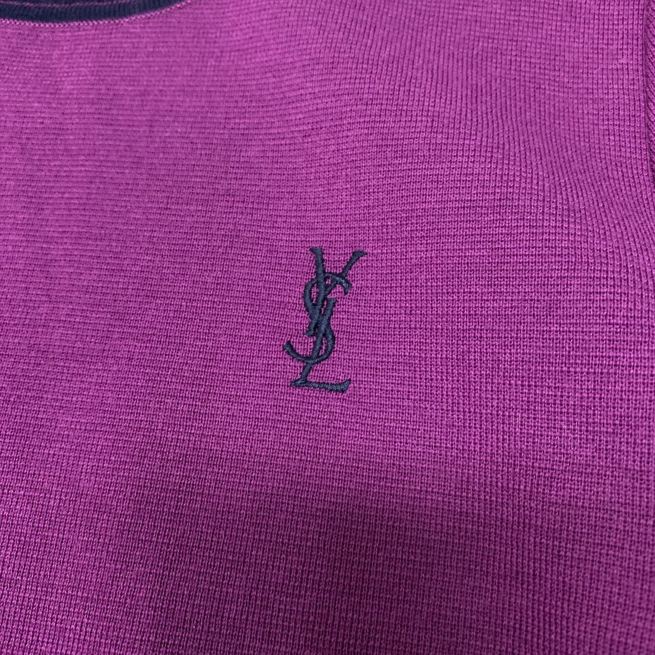 29f15 YVES SAINT LAURENT イヴサンローラン YSLロゴ フレアニットセーター チュニック丈 バイカラー サイズL パープル ネイビー ウール100％ レディース女性用u02t